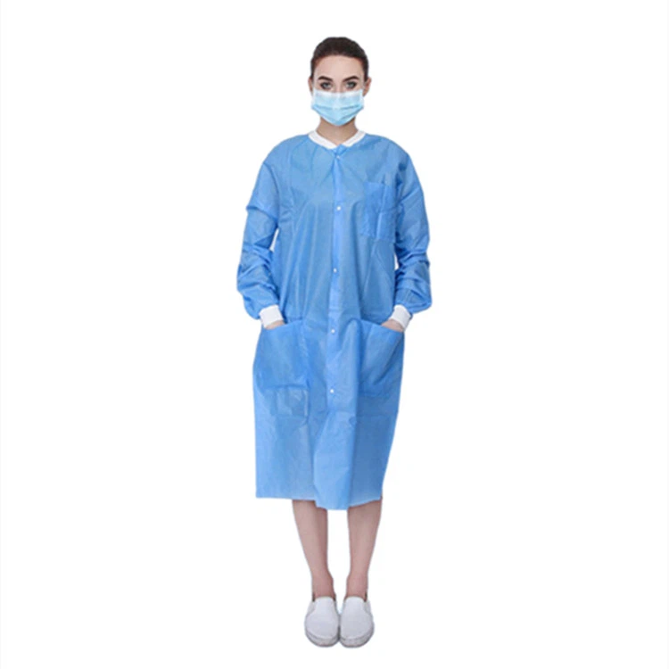 Antistatinis vienkartinis laboratorinis paltas su užspaudžiamu mygtuku